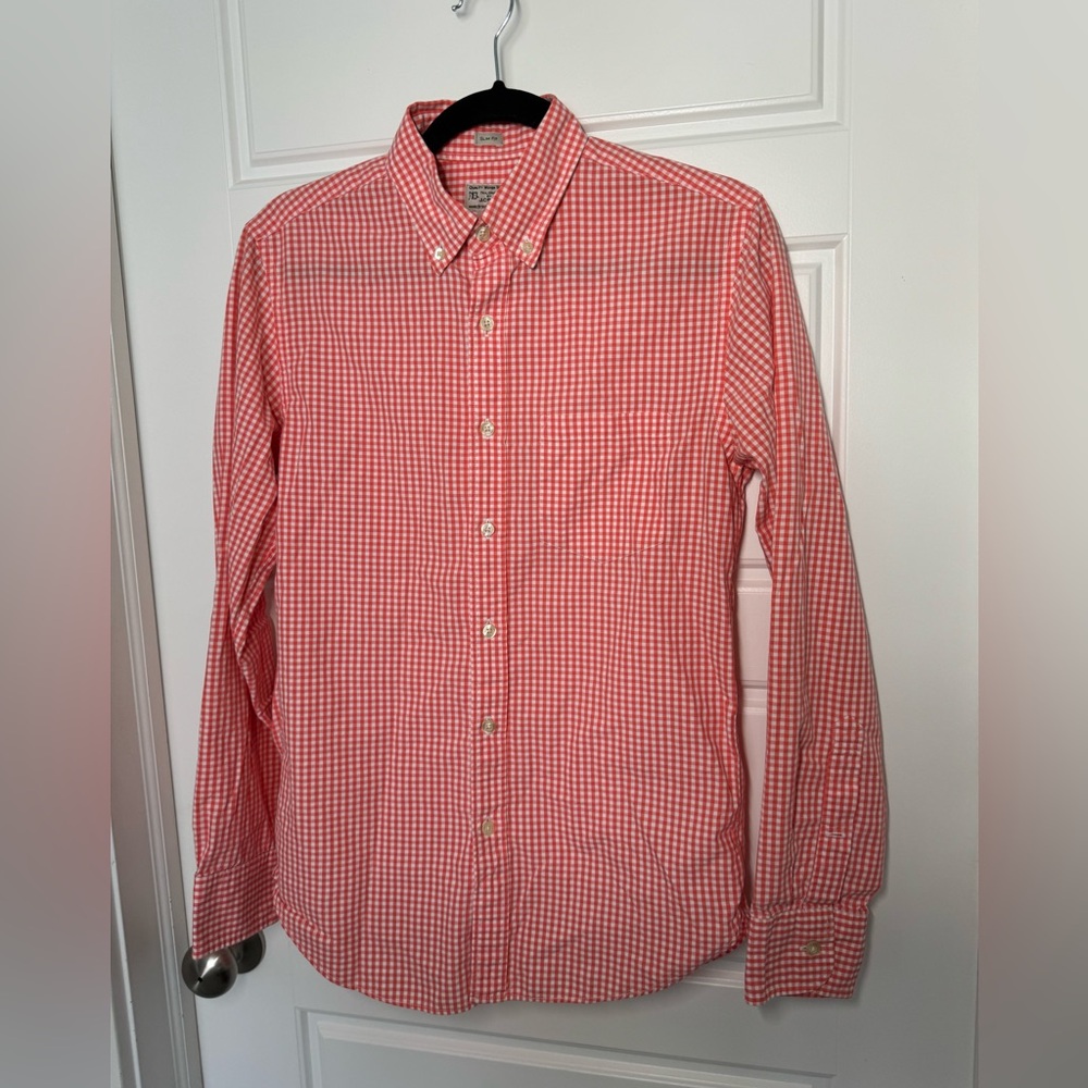 J.Crew Gingham Coral/White Button-Down Shirt, Men's Small
